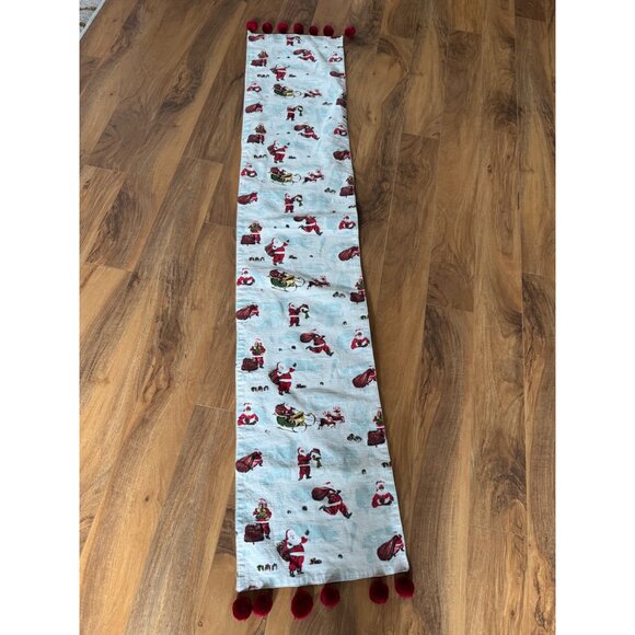 Vintage-Inspired Santa Claus Christmas Table Runner With Red Pom-Pom Trim 68" - Picture 1 of 7